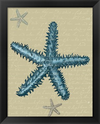 Framed Blue Starfish on Taupe b Print