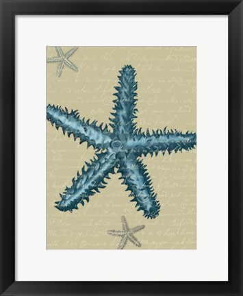 Framed Blue Starfish on Taupe b Print