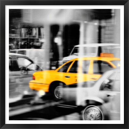 Framed Yellow Taxi Reflection Print