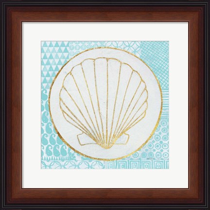 Framed Summer Shells II Teal and Gold Print