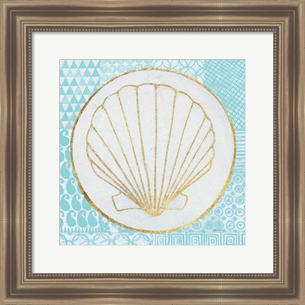 Framed Summer Shells II Teal and Gold Print