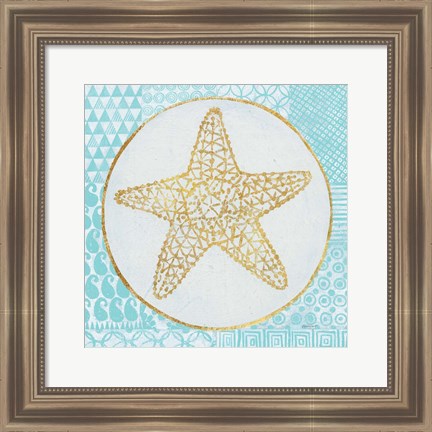 Framed Summer Shells IV Teal and Gold Print