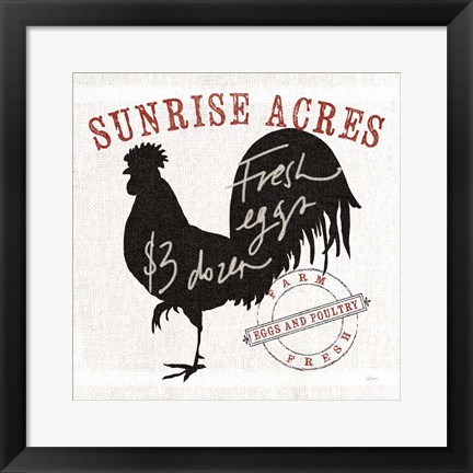 Framed Farm Linen Rooster Black Print