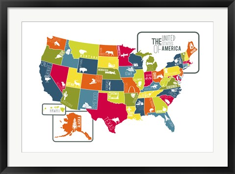 Framed USA Map (bright) Print