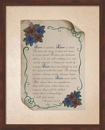 Framed Corinthians 13:4-8 Love is Patient - Rose Border Beige Print