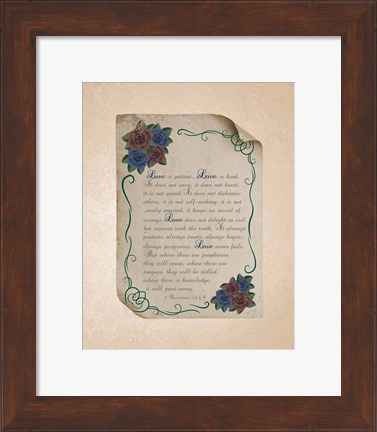 Framed Corinthians 13:4-8 Love is Patient - Rose Border Beige Print