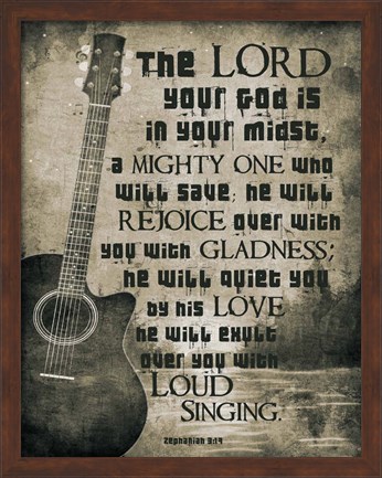 Framed Zephaniah 3:17 The Lord Your God (Guitar Sepia) Print