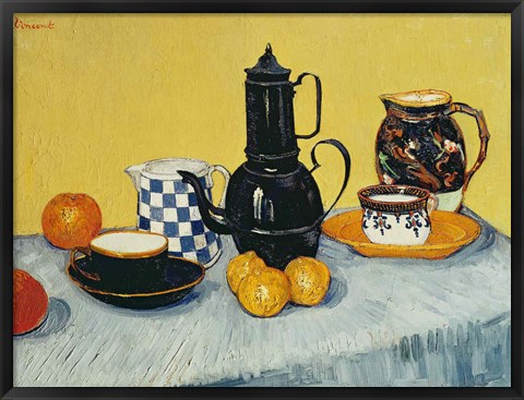 Framed Still Life with Blue Enamel Coffeepot, Earthenware and Fruit Print