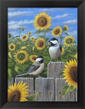 Framed Chickadees And Sunflowers Print