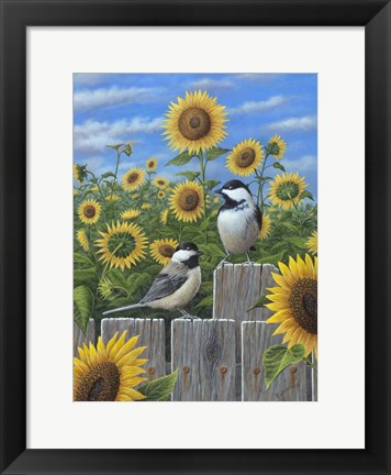 Framed Chickadees And Sunflowers Print