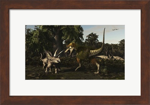 Framed Bistahieversor Attacking a Pair of Pentaceratops Print