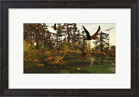 Framed Eudimorphodon And Peteinosaurus Pterosaurs In A Swampy Triassic Scene Print