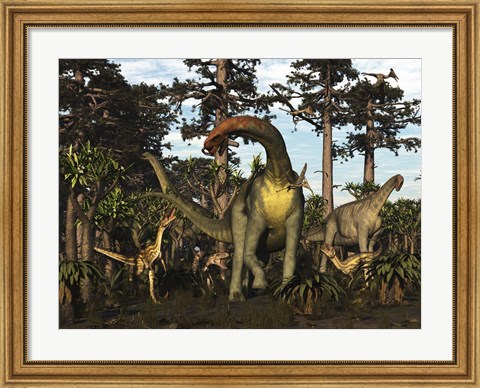 Framed Jobaria Dinosaur Is Menaced By Afrovenators In Jurassic North Africa Print