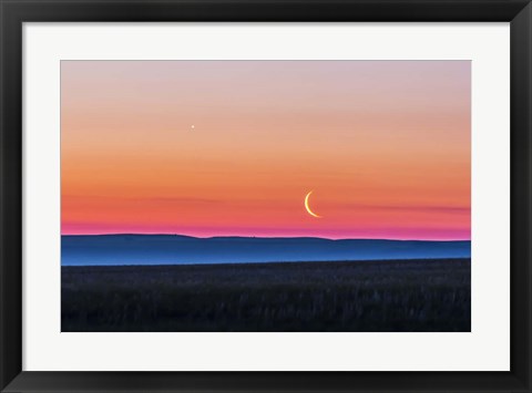 Framed Moon and Venus rising over the flat prairie horizon of Alberta, Canada Print