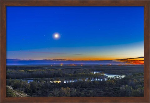 Framed Moon with Antares, Mars and Saturn over Bow River in Alberta, Canada Print