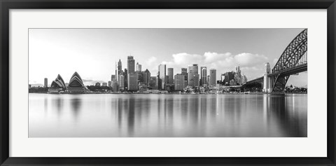 Framed Sydney Harbour Bridge and skylines at dusk, Sydney, New South Wales, Australia Print