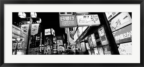 Framed Commercial signboards lit up at night in a market, Shinjuku Ward, Tokyo, Japan Print