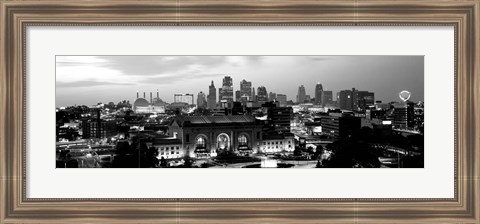 Framed Union Station at sunset with city skyline in background, Kansas City, Missouri BW Print