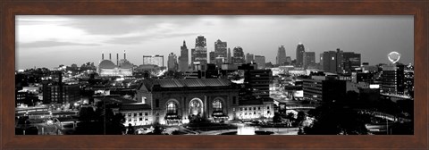 Framed Union Station at sunset with city skyline in background, Kansas City, Missouri BW Print