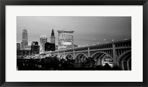 Framed Bridge in a city lit up at dusk, Detroit Avenue Bridge, Cleveland, Ohio Print