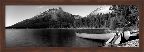 Framed Canoe in lake in front of mountains, Leigh Lake, Rockchuck Peak, Teton Range, Wyoming Print