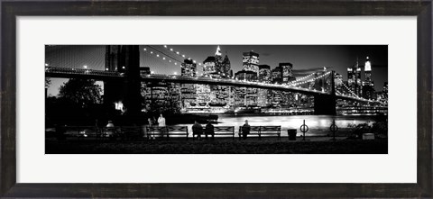 Framed Suspension bridge lit up at dusk, Brooklyn Bridge, Manhattan, NY Print