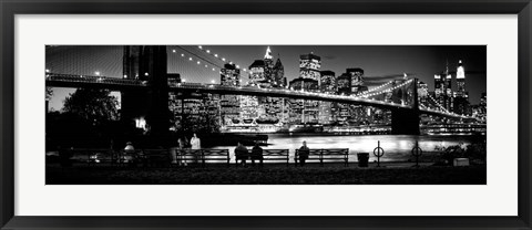 Framed Suspension bridge lit up at dusk, Brooklyn Bridge, Manhattan, NY Print