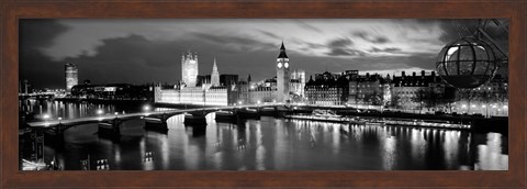 Framed Buildings lit up at dusk, Big Ben, Houses Of Parliament, London, England BW Print