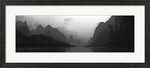 Framed River passing through a hill range, Guilin Hills, Li River, Yangshuo, China BW Print