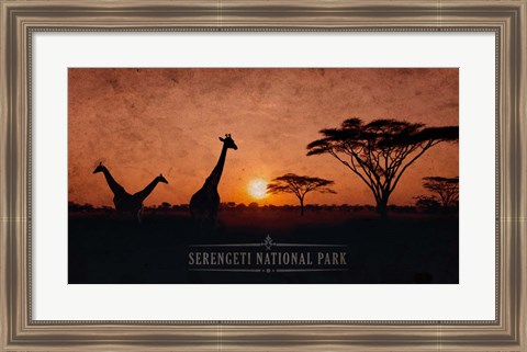 Framed Vintage Sunset with Giraffes in Serengeti National Park, Africa Print