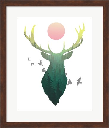 Framed Green Ombre Forest in Stag Silhouette Print