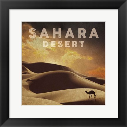 Framed Vintage Sahara Desert with Sand Dunes and Camel, Africa Print