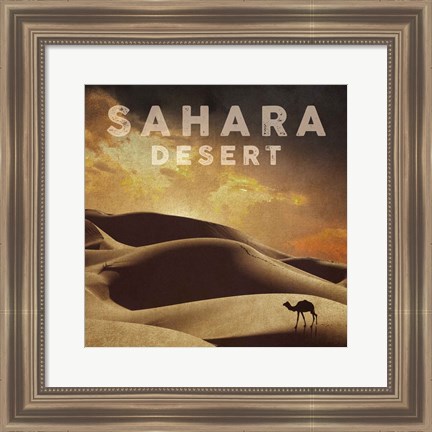 Framed Vintage Sahara Desert with Sand Dunes and Camel, Africa Print