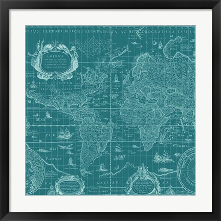 Framed Blueprint World Map, teal Print