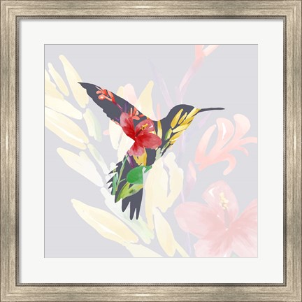 Framed Grey Floral Hummingbird Print