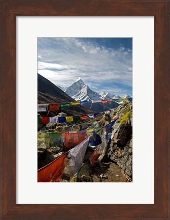 Framed Prayer flags, Everest Base Camp Trail, peak of Ama Dablam, Nepal Print