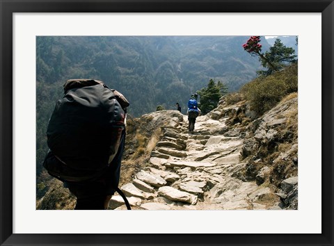 Framed Trekkers on the trail towards Namche Bazaar, Khumbu, Nepal Print