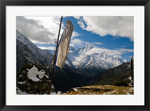 Framed Prayer flags on ridge above Dole, peak of Ama Dablam, Nepa, Print