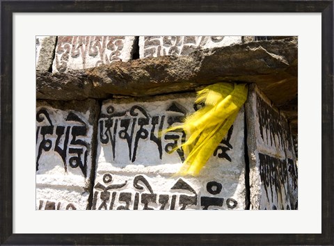 Framed Prayer flag and Mani Stones, Buddhist Mantras, Khumbu, Nepal Print