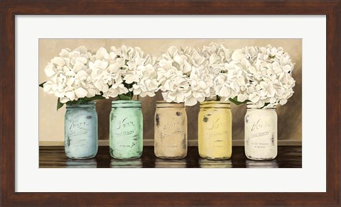 Framed Hydrangeas in Mason Jars Print