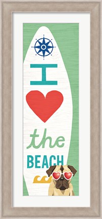 Framed Beach Bums Pug Surf Board Print