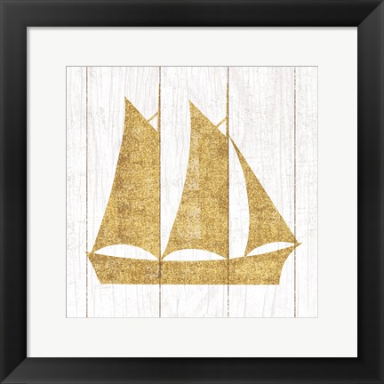 Framed Beachscape V Boat Gold Neutral Print