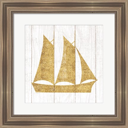 Framed Beachscape V Boat Gold Neutral Print