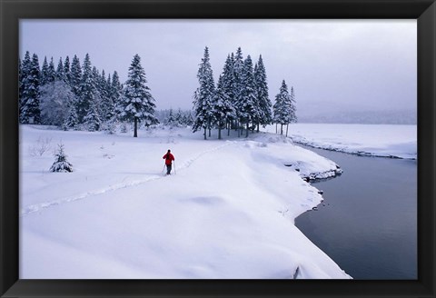 Framed Snowshoeing on the Shores of Second Connecticut Lake, Northern Forest, New Hampshire Print