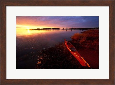 Framed Kayak and Sunrise in Little Harbor in Rye, New Hampshire Print