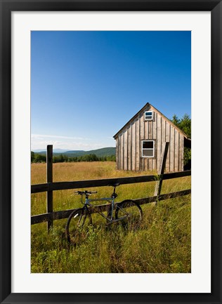 Framed Mountain bike and barn on Birch Hill, New Durham, New Hampshire Print