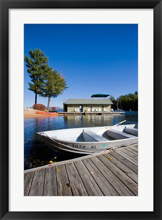 Framed Skiff and boathouse at Oliver Lodge on Lake Winnipesauke, Meredith, New Hampshire Print