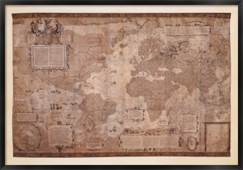 Framed Map World-Antique Paper 1500&#39;s Print