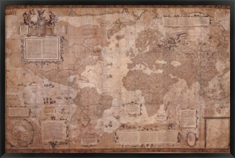 Framed Map World-Antique Paper 1500&#39;s Print