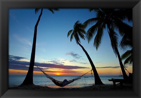 Framed Hammock and sunset, Plantation Island Resort, Malolo Lailai Island, Mamanuca Islands, Fiji Print